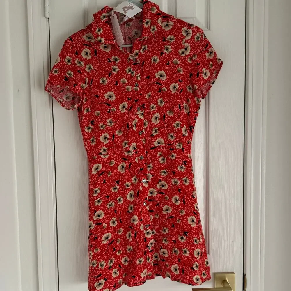 NWT Olivaceous Red Rayon Floral Print Button Front Mini Dress Women's Small - Picture 5 of 10